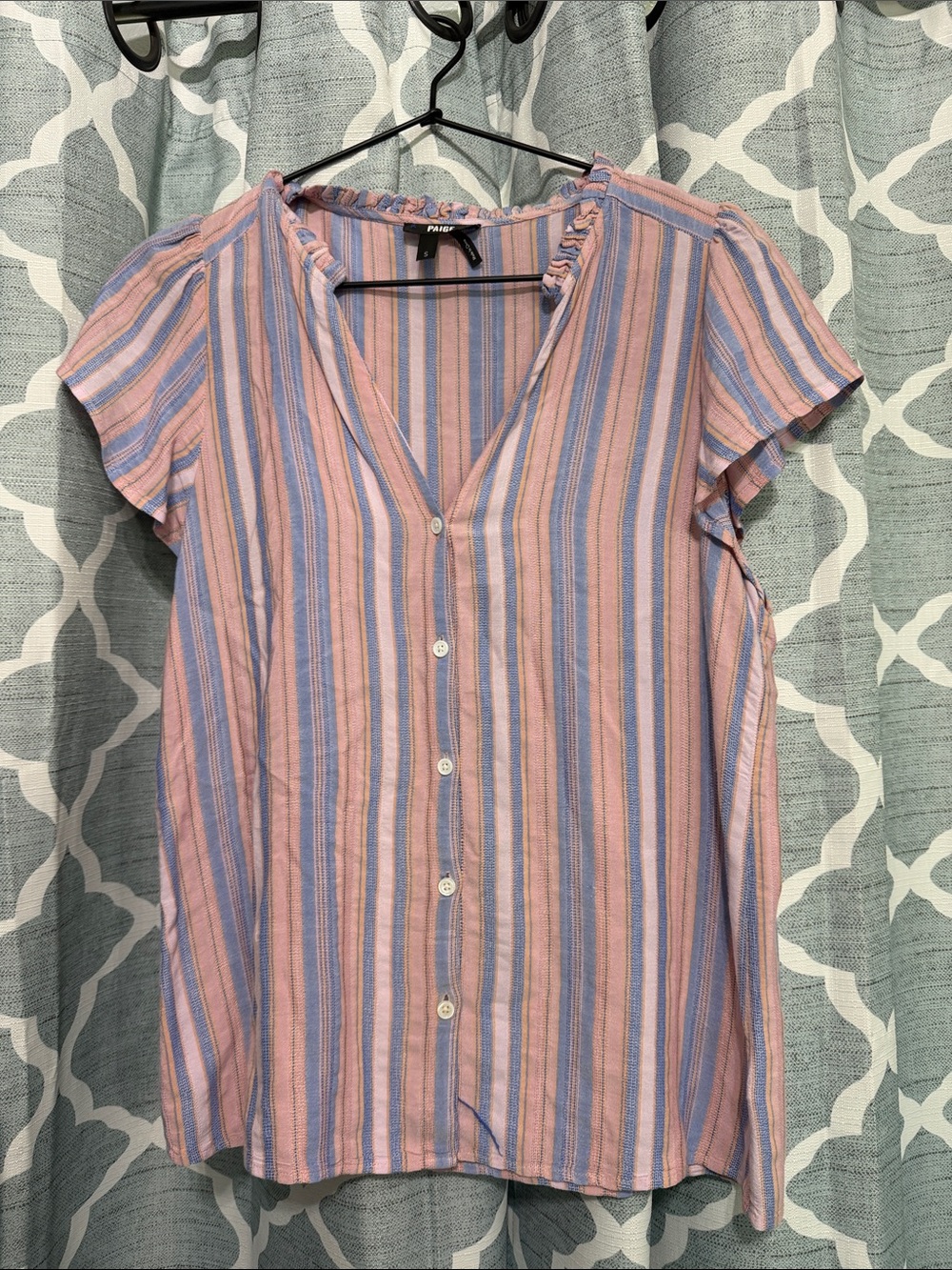 PAIGE Pink and Blue Striped Button-Down Blouse - Picture 1 of 4